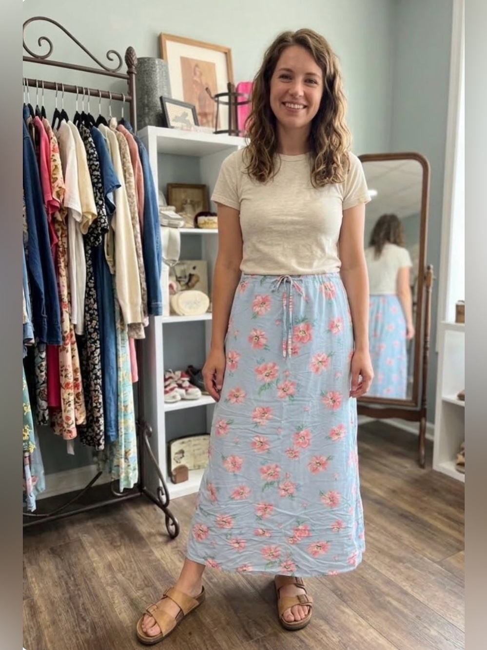 Light Blue Floral Maxi Skirt with Pink Flowers